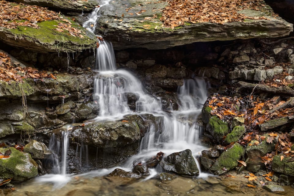 Une cascade d’eau se déversant sur des rochers couverts de mousse, dans une zone boisée parsemée de feuilles mortes.
