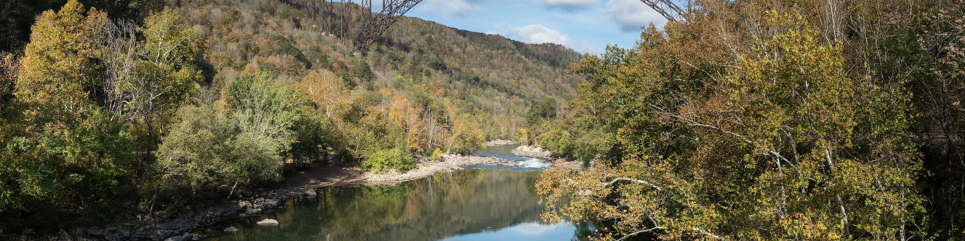 Reflections in the calm water under the high arched New River Gorge bridge in West Virginia; Shutterstock ID 510918895; Purchase Order: -