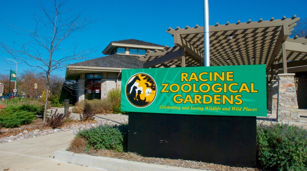 Racine Zoological Gardens which includes signage and zoo animals