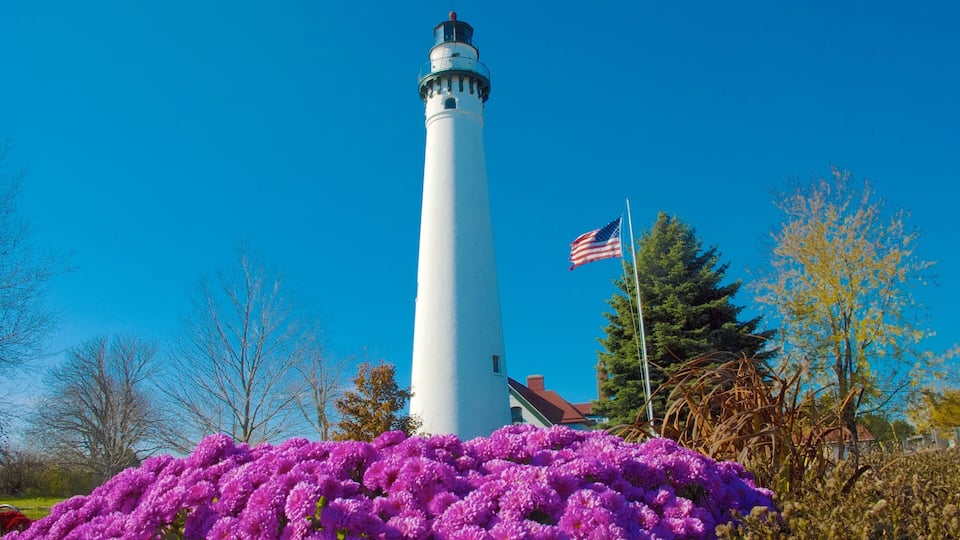 A white lighthouse with an American flag, surrounded by purple flowers and trees.