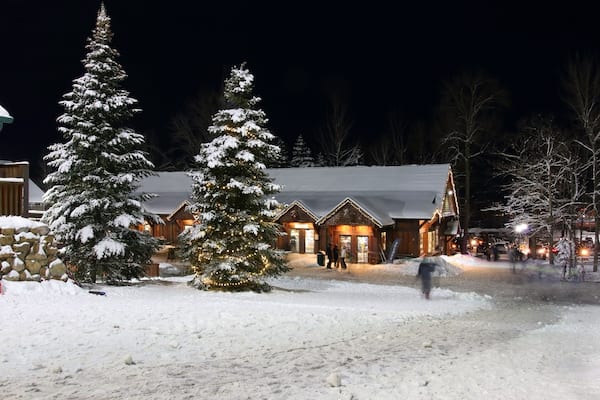 Old Wisconsin ski resort. Night view of Granite Peak ski resort with lights and traces of moving people on the long exposure shot. Midwest USA, Wisconsin, Wausau area.