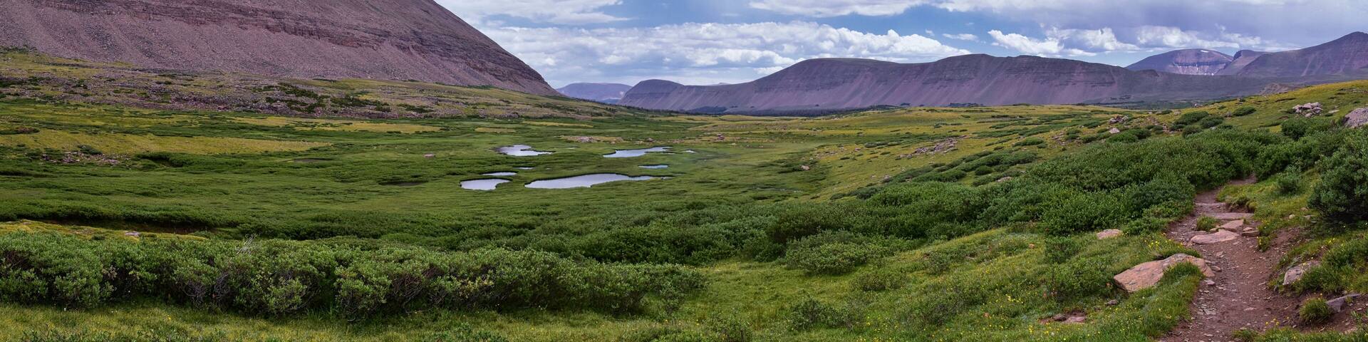 A green valley with small ponds, surrounded by mountains under a cloudy sky.