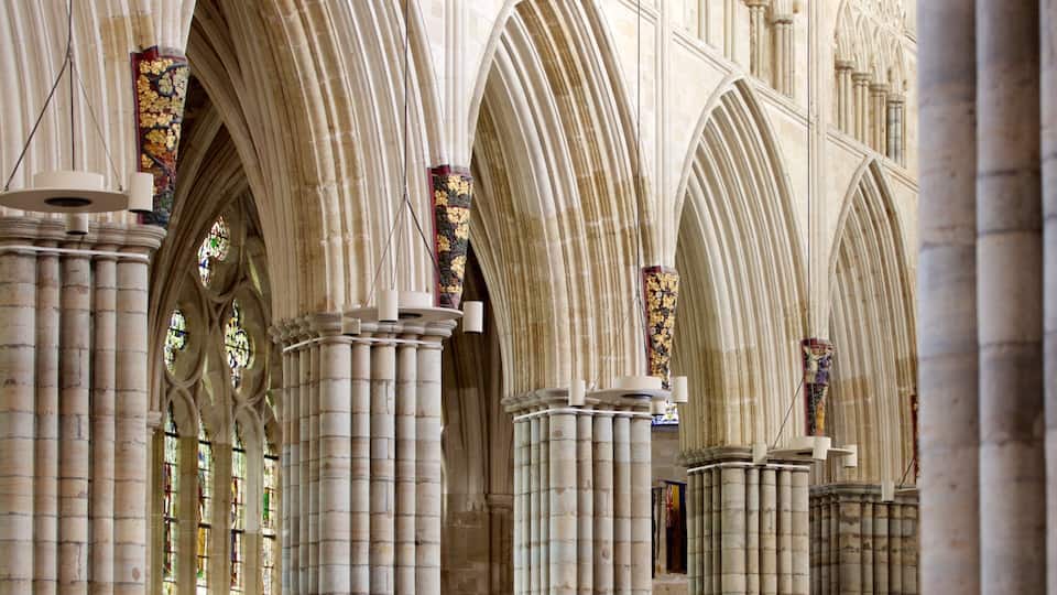 A cathedral interior with tall, arched stone columns and stained glass windows.