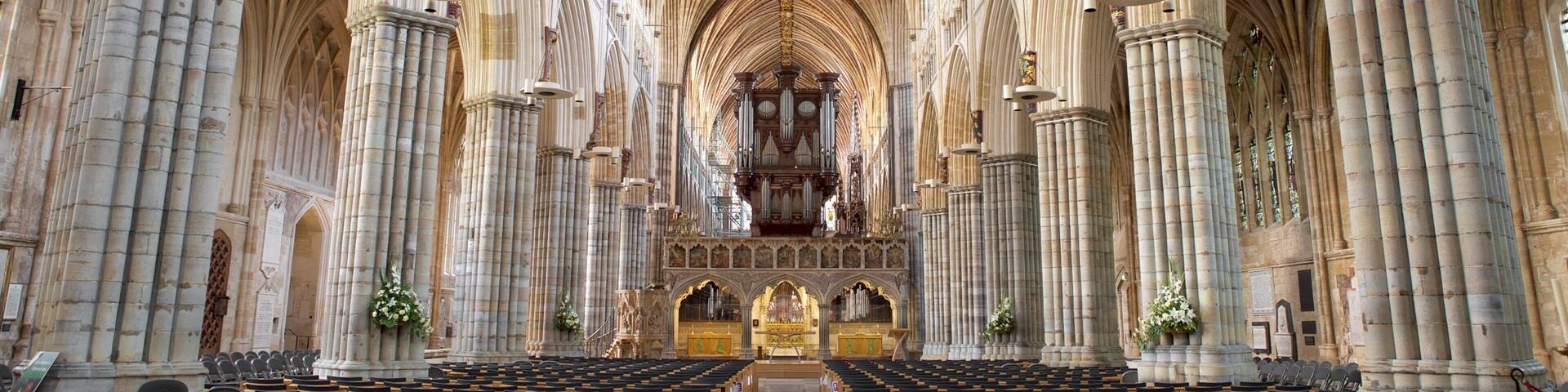 Exeter Cathedral featuring a church or cathedral, heritage architecture and religious aspects