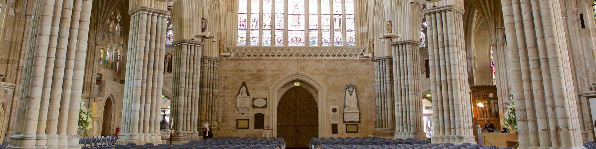 Exeter Cathedral showing religious aspects, a church or cathedral and interior views