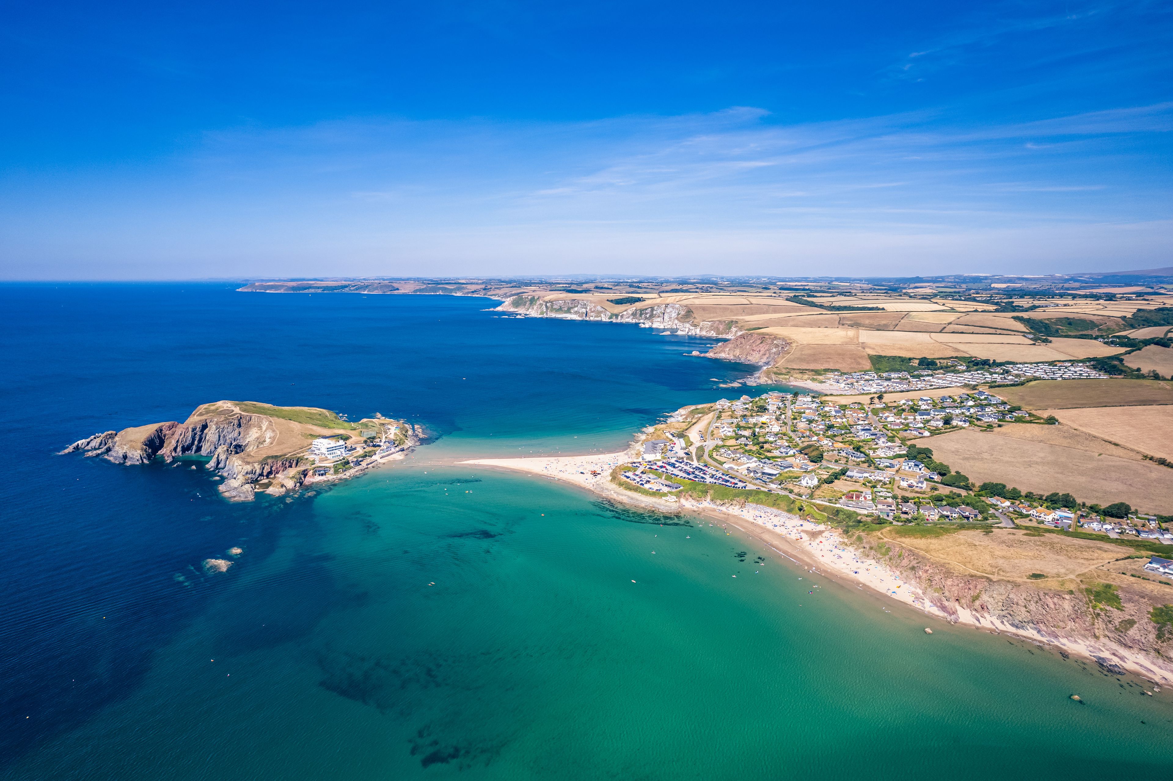 Aerial view of Burgh Island and Bigbury Beach from a drone, Bigbury-on-Sea, Kingsbridge, South Hams, Devon, England