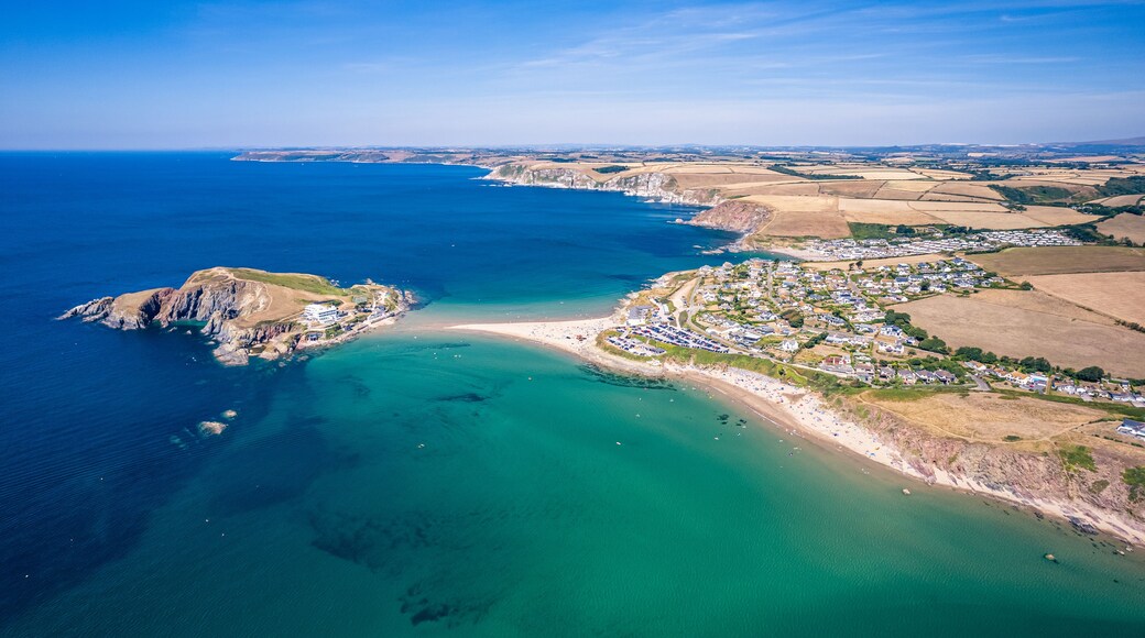 Aerial view of Burgh Island and Bigbury Beach from a drone, Bigbury-on-Sea, Kingsbridge, South Hams, Devon, England