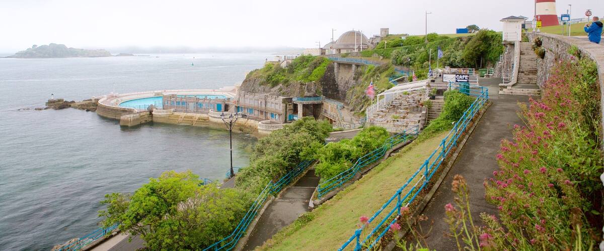 Smeatons Tower which includes a lighthouse, a coastal town and general coastal views