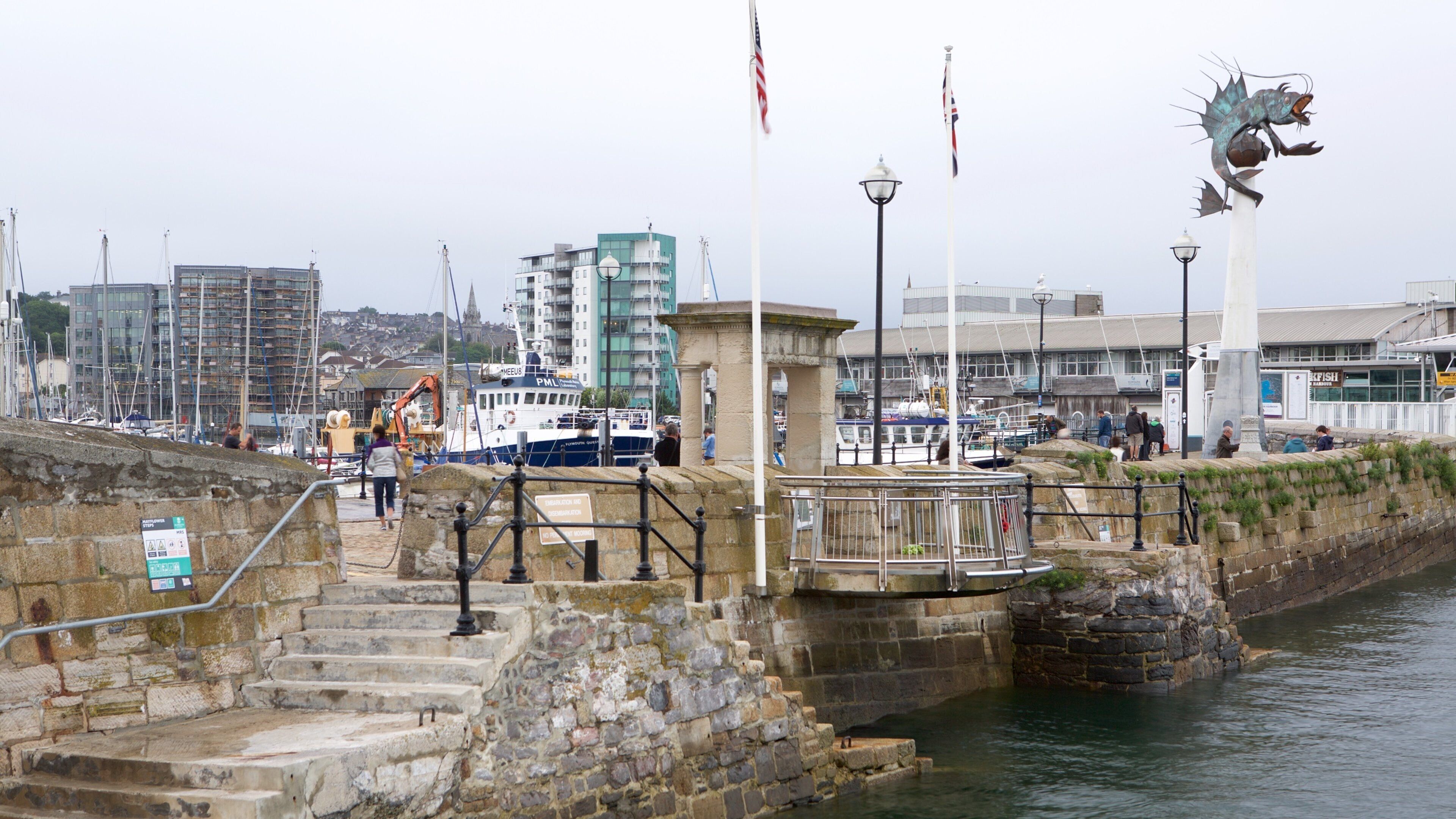 Mayflower Steps featuring a coastal town and general coastal views