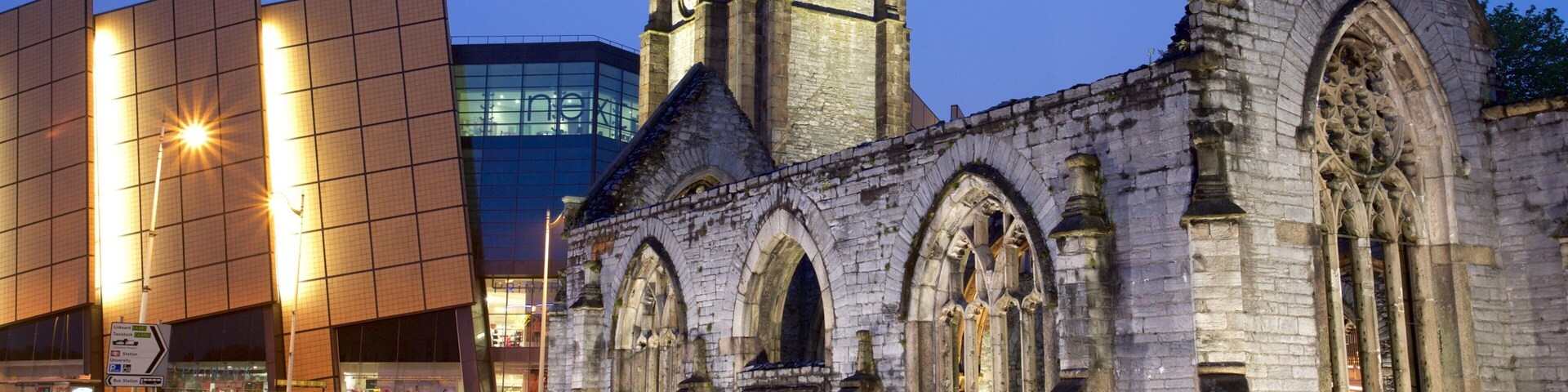 Charles Church which includes night scenes, a church or cathedral and heritage architecture