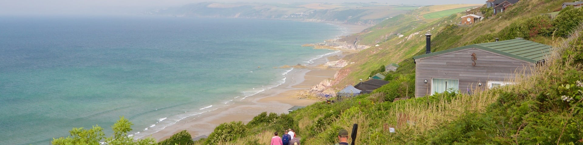 Whitsand Bay Beach featuring a coastal town and a beach as well as a family