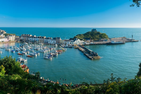 Ilfracombe Harbor at sunrise in broad panorama across the picturesque town., Shutterstock ID 690936316, SF SSA Case with Manager Approval: Case 07151371, Job: Prepay credit, Client/Licensee: , Other: