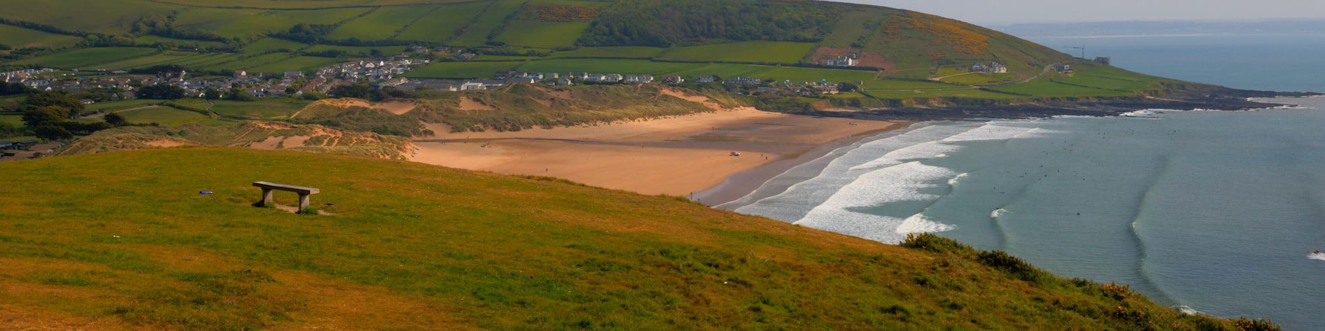 Croyde Devon UK beach in summer with blue sky panoramic view
