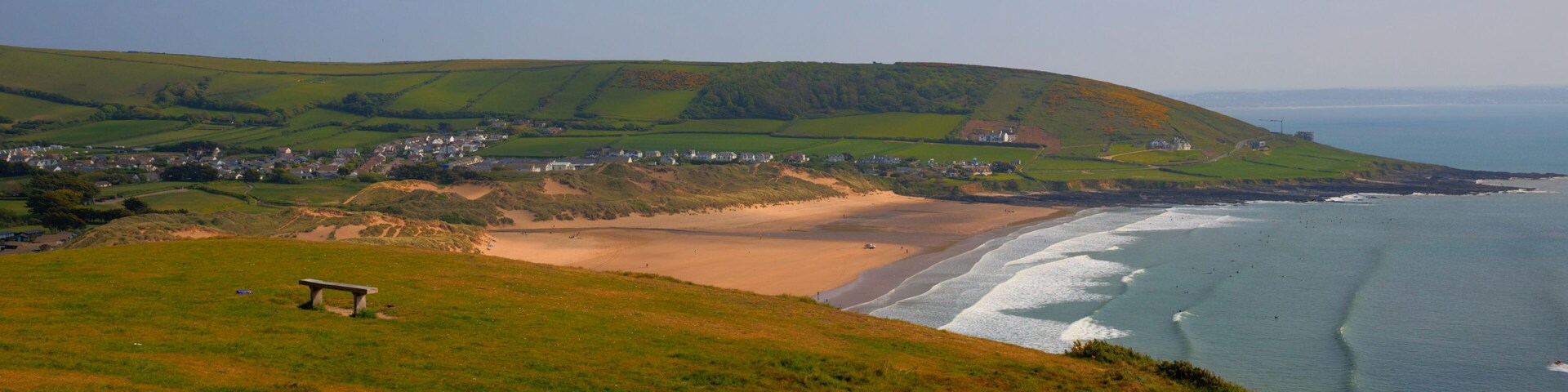 Croyde Devon UK beach in summer with blue sky panoramic view