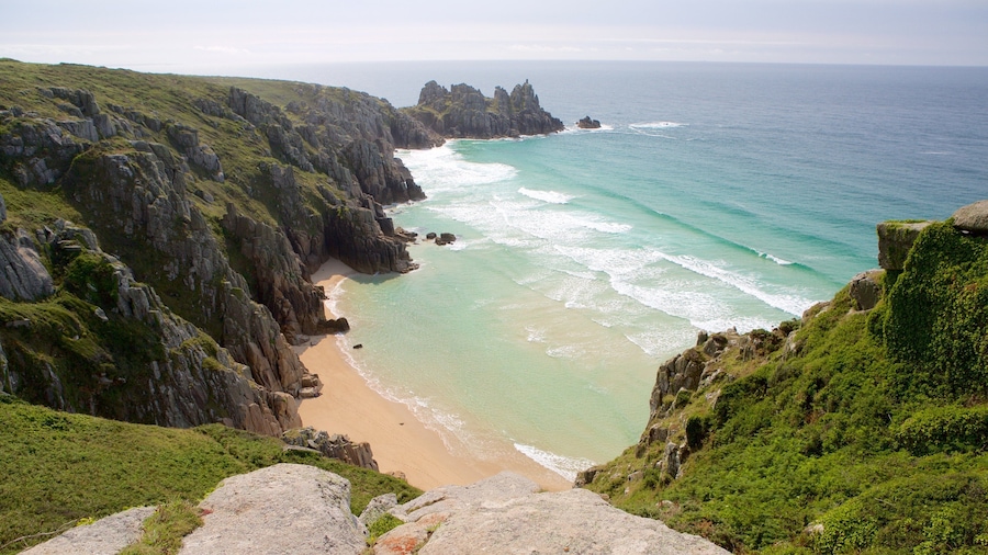 Logan\'s Rock featuring a beach and landscape views