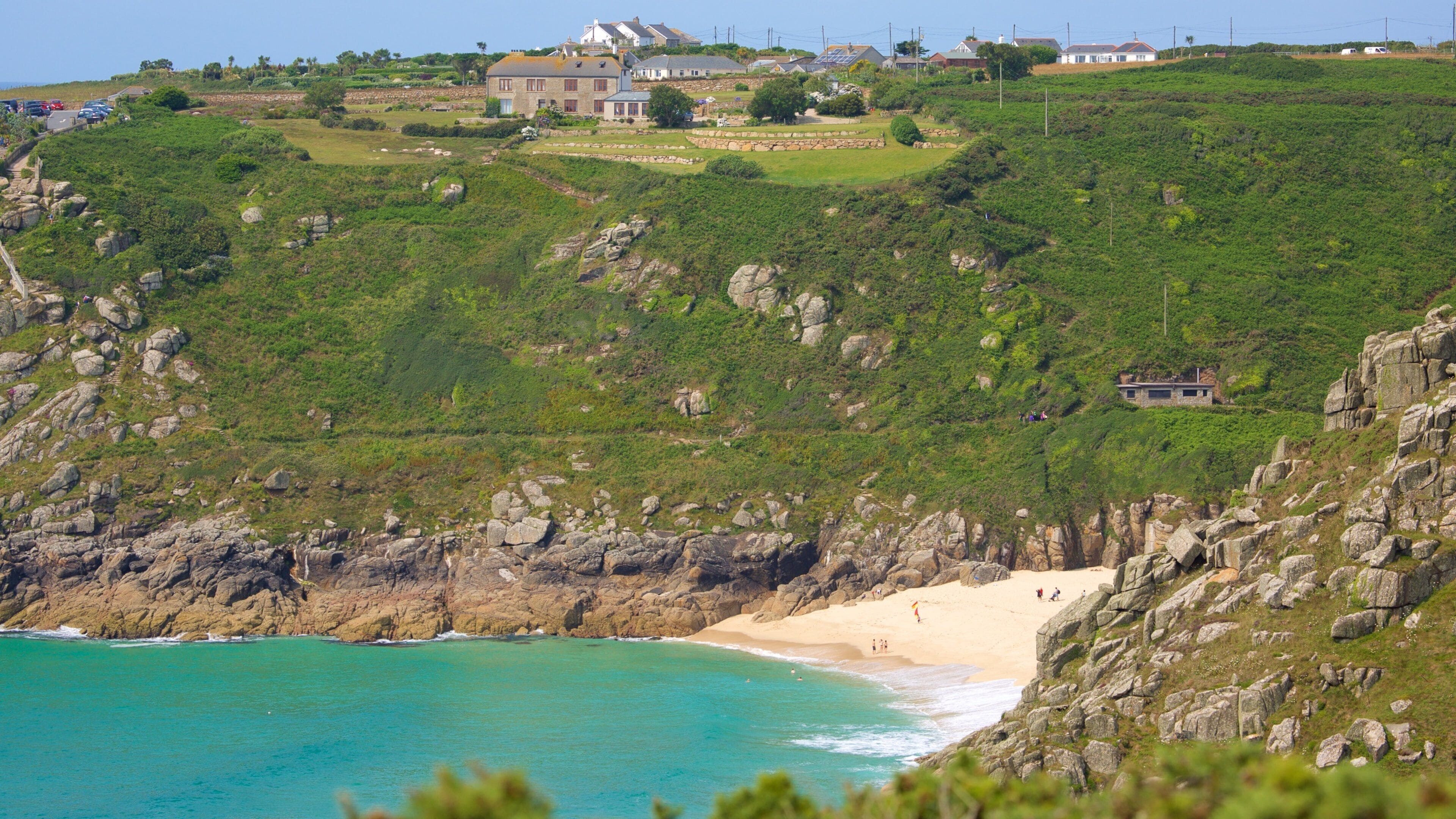 Porthcurno Beach showing landscape views, general coastal views and a beach