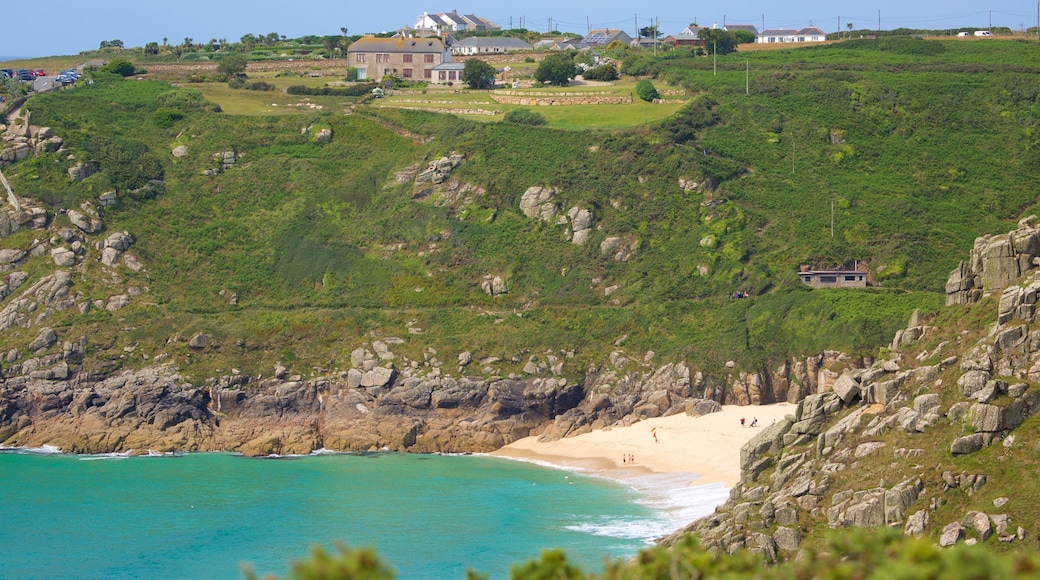 Porthcurno Beach showing landscape views, general coastal views and a beach