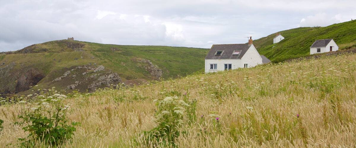 Cape Cornwall featuring a house and farmland