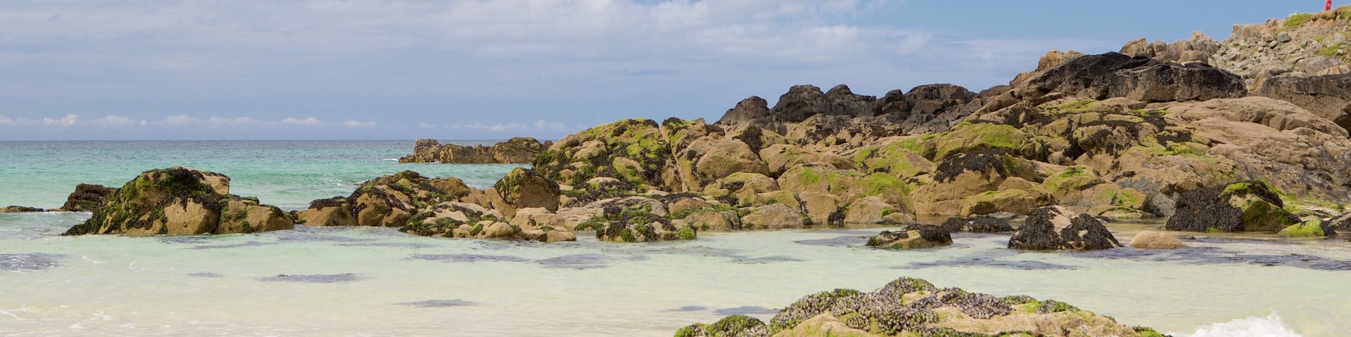 Porthmeor Beach which includes a sandy beach and rocky coastline