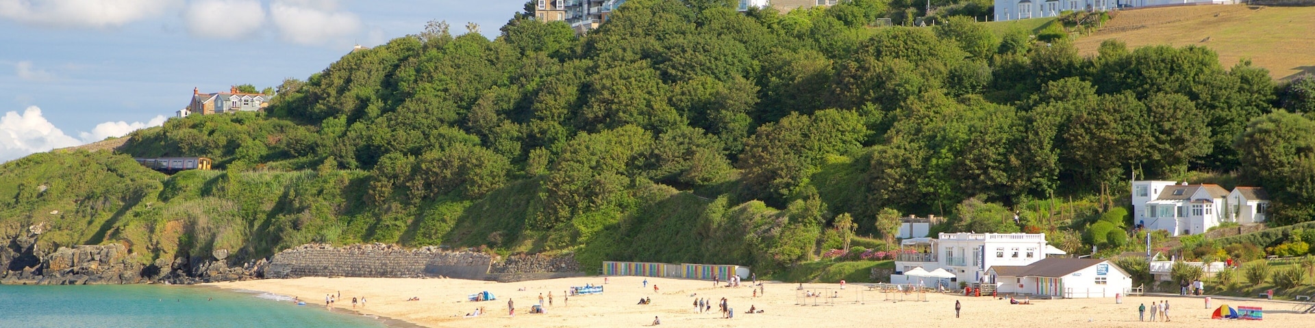 Porthminster Beach showing a beach and a coastal town