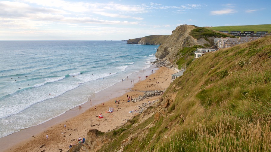 Watergate Bay showing rugged coastline and a beach