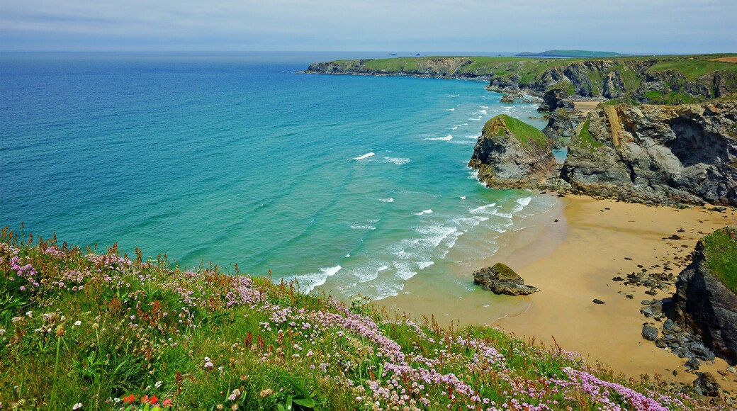 Panorama view of the stunning North Cornish coastline of Bedruthan Steps on a beautiful spring day, Cornwall, England, United Kingdom
