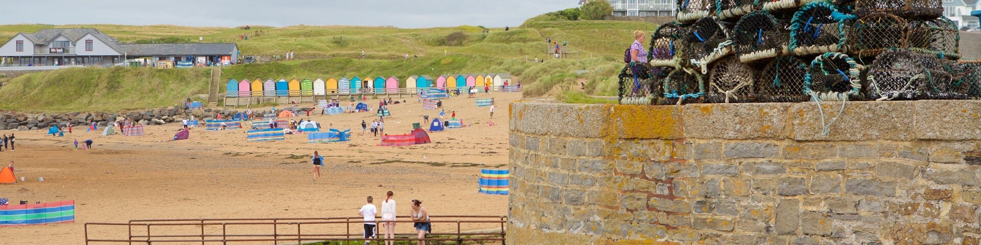 Una playa con cabañas de colores, un muro de piedra con trampas de langosta y un puente sobre un arroyo.