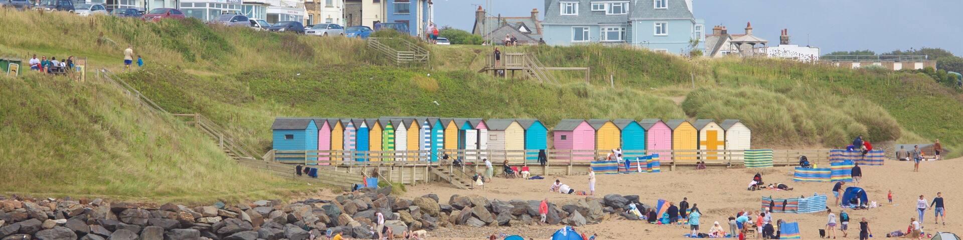 Bude Beach welches beinhaltet Küstenort und Strand sowie große Menschengruppe