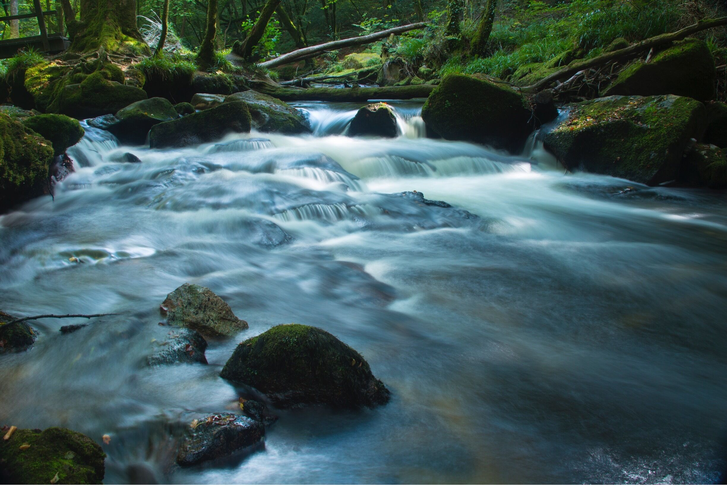 A flowing river with moss-covered rocks and a wooden bridge in a forest.