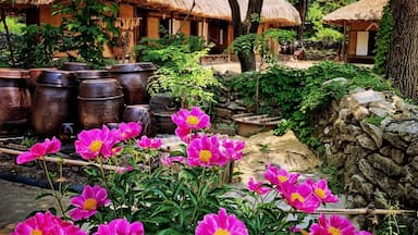 Uma casa tradicional com telhado de palha, rodeada por vegetação exuberante e vibrantes flores cor-de-rosa.