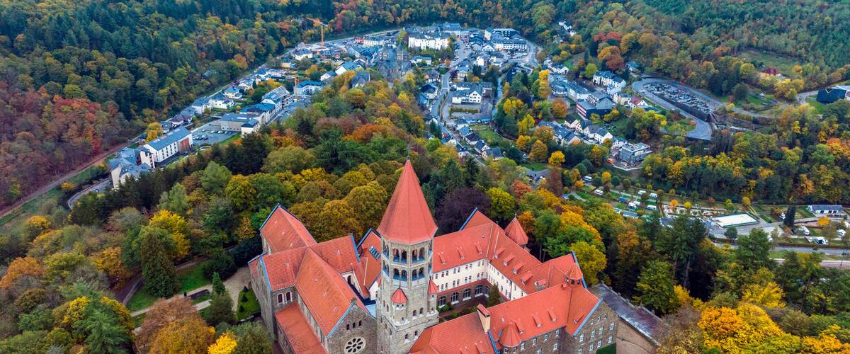 An aerial view of a historic castle surrounded by autumn-colored trees and a small town.