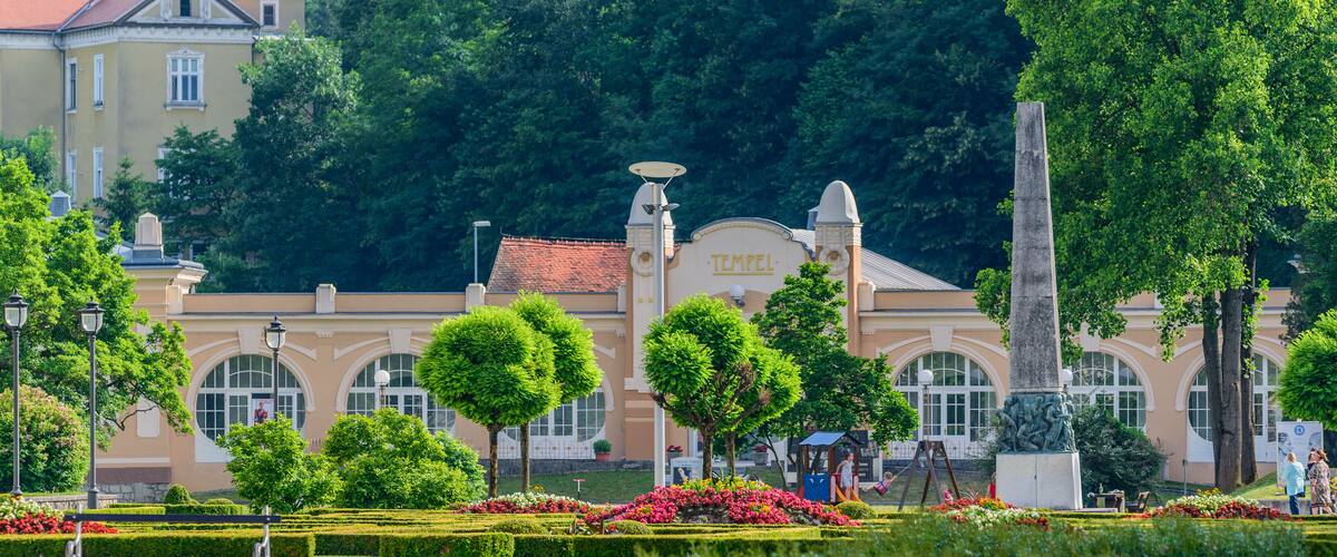 ROGASKA-SLATINA, SLOVENIA - MAY 26, 2018: View of the blooming park in sunny weather.