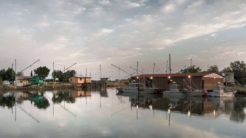 Ein ruhiger Hafen mit mehreren vertäuten Fischerbooten, einem kleinen Holzhaus und einem bewölkten Himmel.
