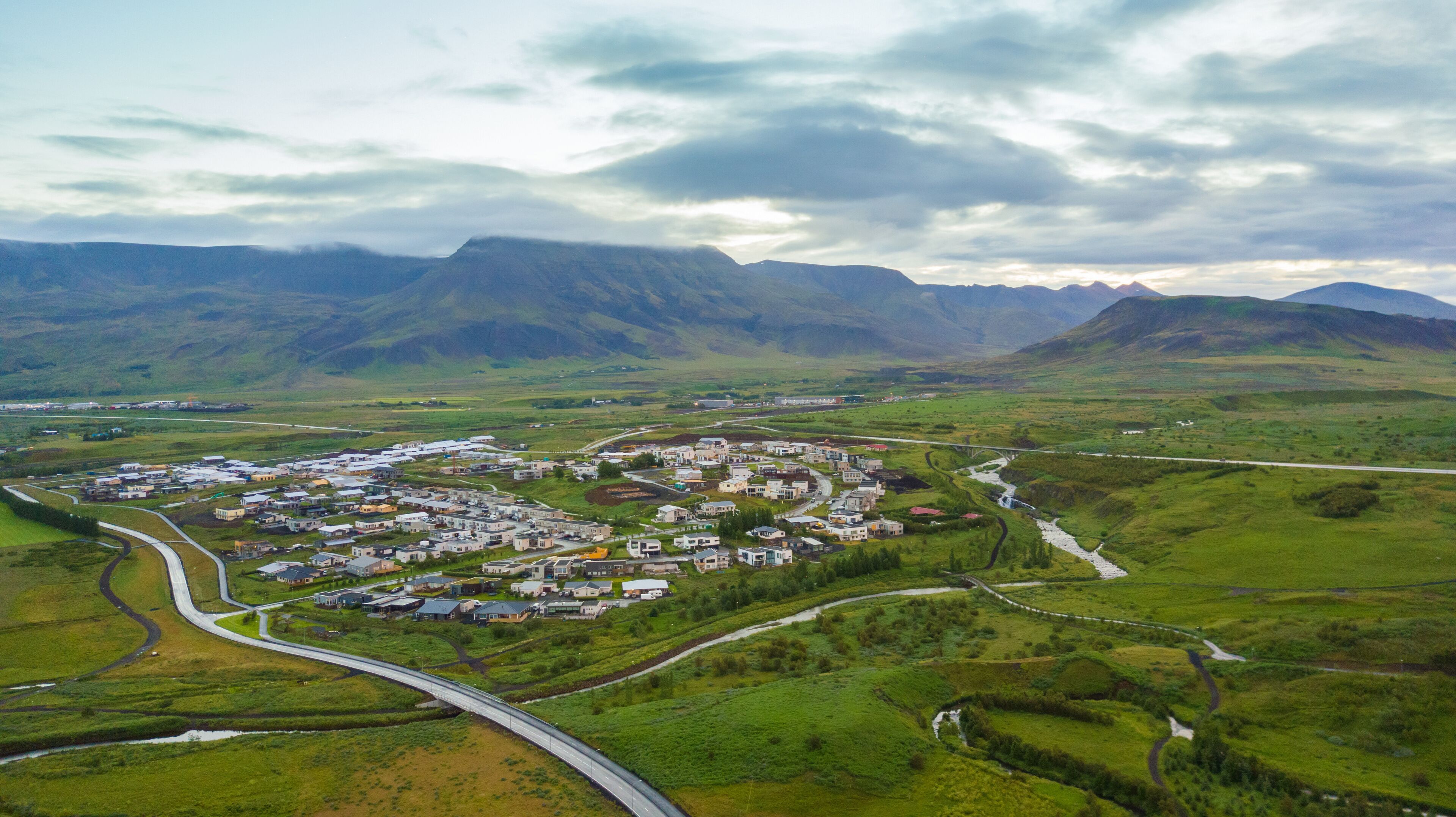 Beautiful Morning sunlight at Leirvogstunga, Mosfellsbaer town near Reykjavik, Summertime