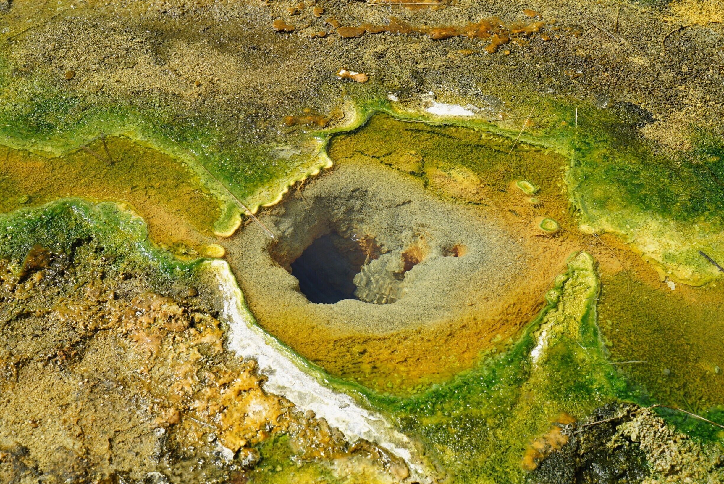 A hot spring as seen from the air with interesting coloring.  Not really at Troll Waterfall but near there (the way the crow flies).