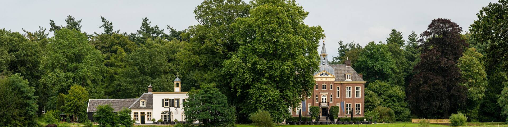 Panoramic view of Hoekelum castle from 14th century, located between Ede and Bennekom, Province Gelderland, The Netherlands