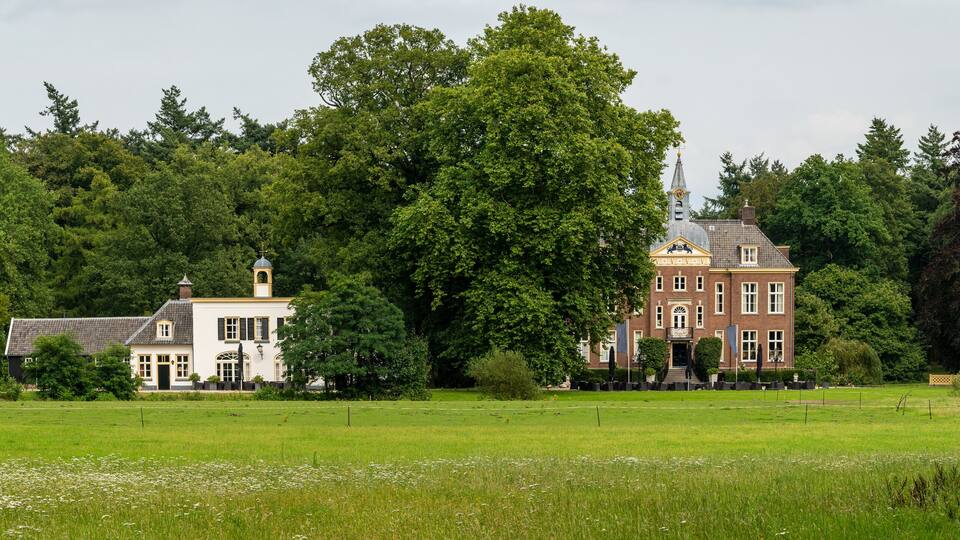 A large brick building with a tower, surrounded by lush green trees and a field with a horse grazing.
