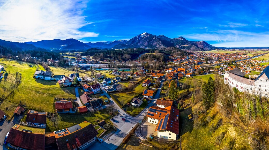 Germany, Marquartstein, Bavaria, Aerial panorama of Marquartstein Castle and surrounding village in summer