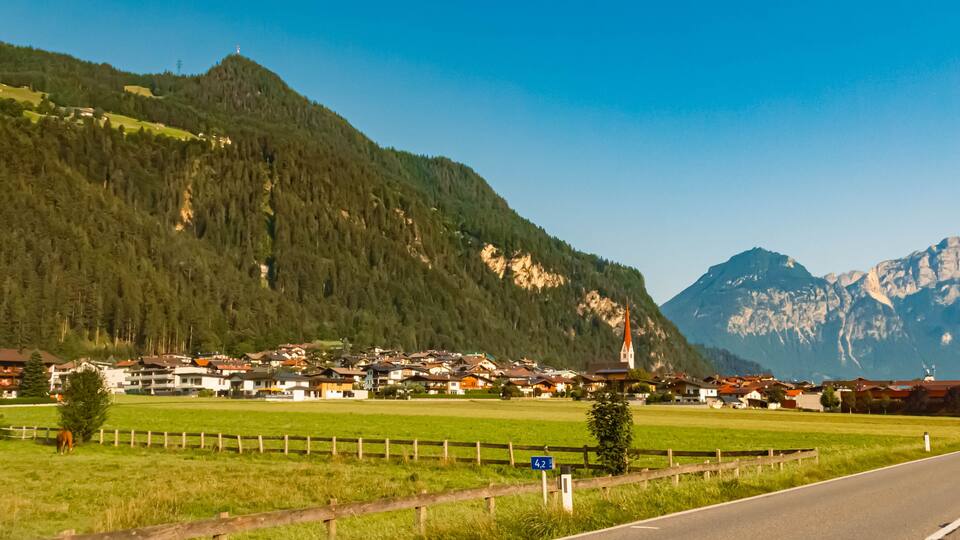 Alpine summer view with a church near Fügen, Zillertal valley, Schwaz, Zell am Ziller, Tyrol, Austria