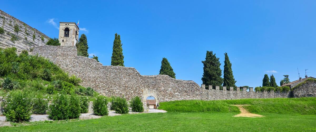 A historic stone wall with a tower and a gate, surrounded by greenery and tall trees.