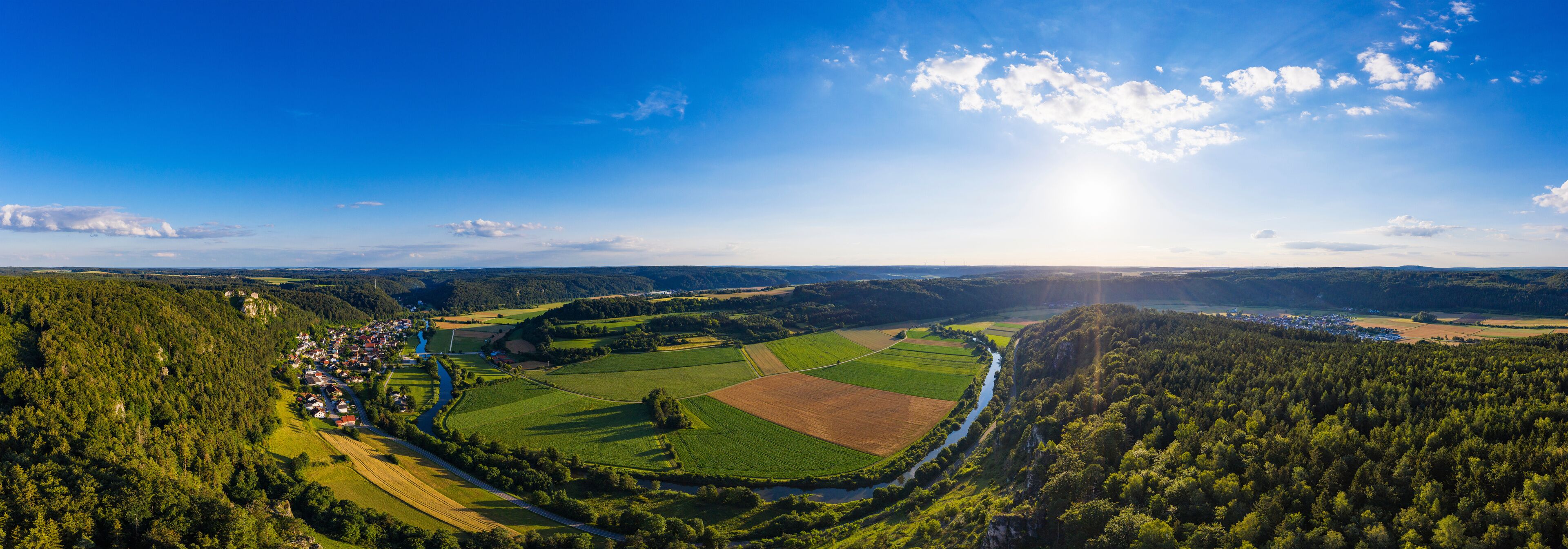 Germany, Bavaria, Kipfenberg, Drone panorama of Altmuhl Valley Nature Park in spring