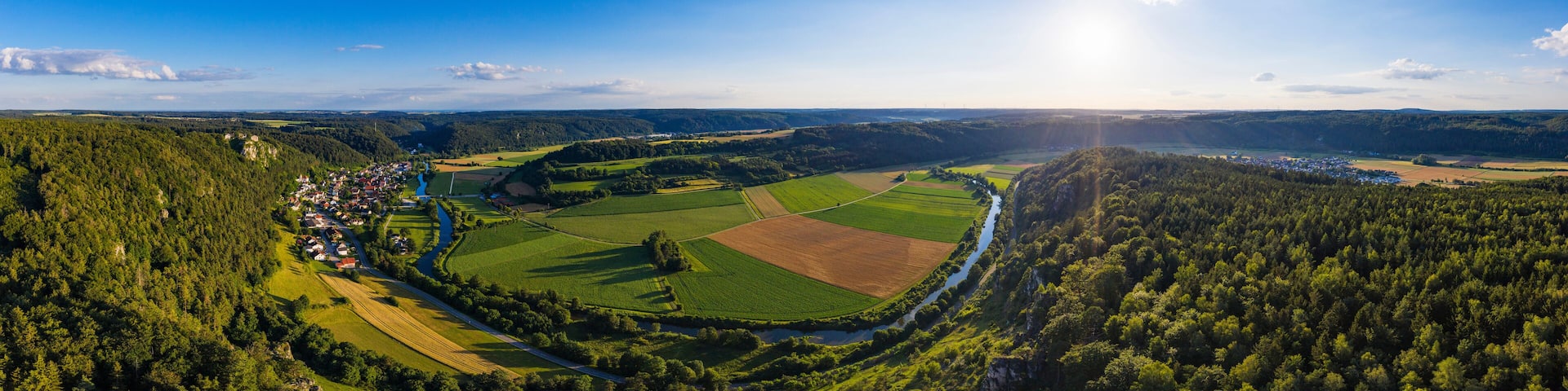 Germany, Bavaria, Kipfenberg, Drone panorama of Altmuhl Valley Nature Park in spring