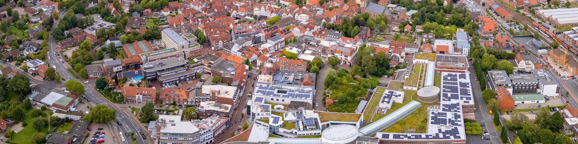 Aerial view of the old town of the city Lingen in Germany on a sunny spring morning