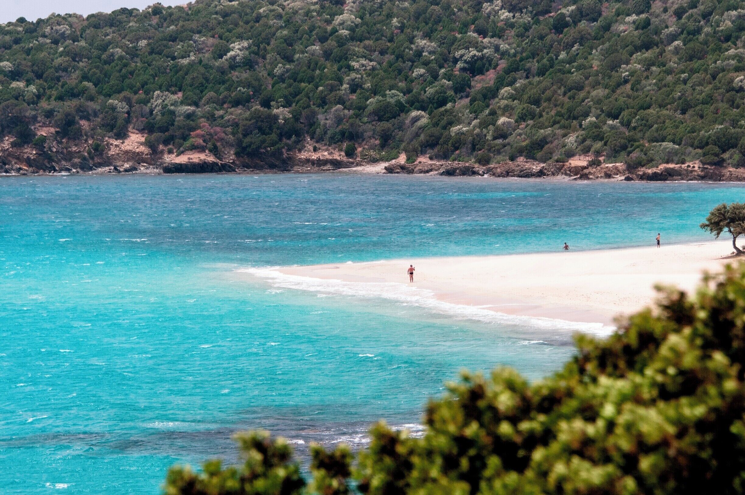 A beach with clear turquoise water, a sandy shore, and a forested hillside in the background.