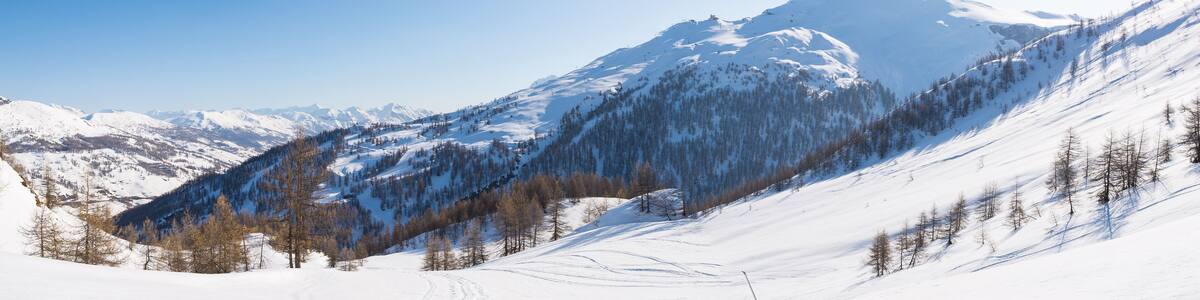Panoramic view of Sestriere ski resort from above, famous travel destinatio in the Alps, Piedmont, Italy.