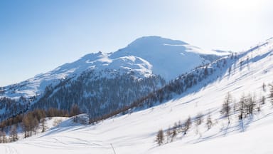 Panoramic view of Sestriere ski resort from above, famous travel destinatio in the Alps, Piedmont, Italy.
