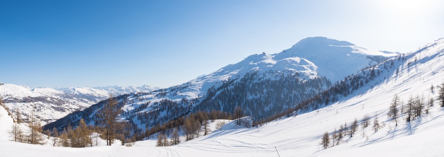 Panoramic view of Sestriere ski resort from above, famous travel destinatio in the Alps, Piedmont, Italy.