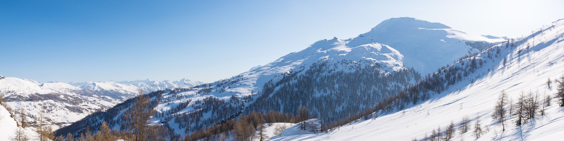 Panoramic view of Sestriere ski resort from above, famous travel destinatio in the Alps, Piedmont, Italy.