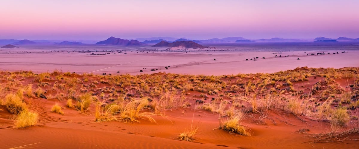 A desert landscape with sand dunes, sparse vegetation, and distant mountains.