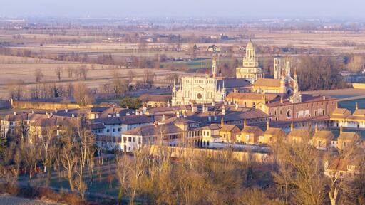 Dronel shot of Certosa di Pavia cathedral a historical monumental complex that includes a monastery and a sanctuary. Pavia ,Italy.